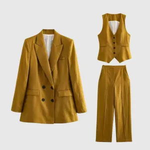Women Cotton Linen Waistcoat Blazer And Pants Set