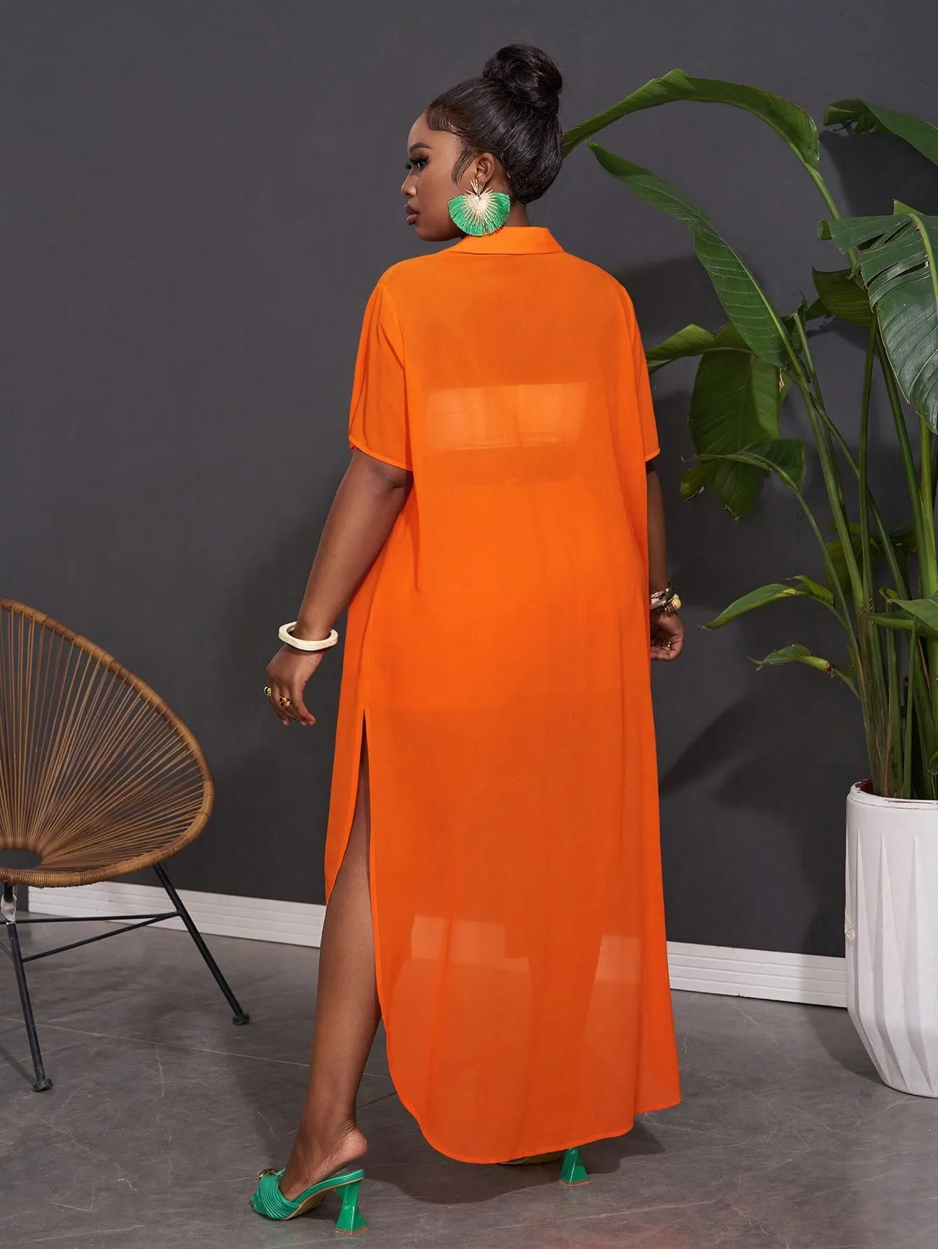 Women Plus Size Casual Loose Orange Chiffon Shirt And Shorts Set