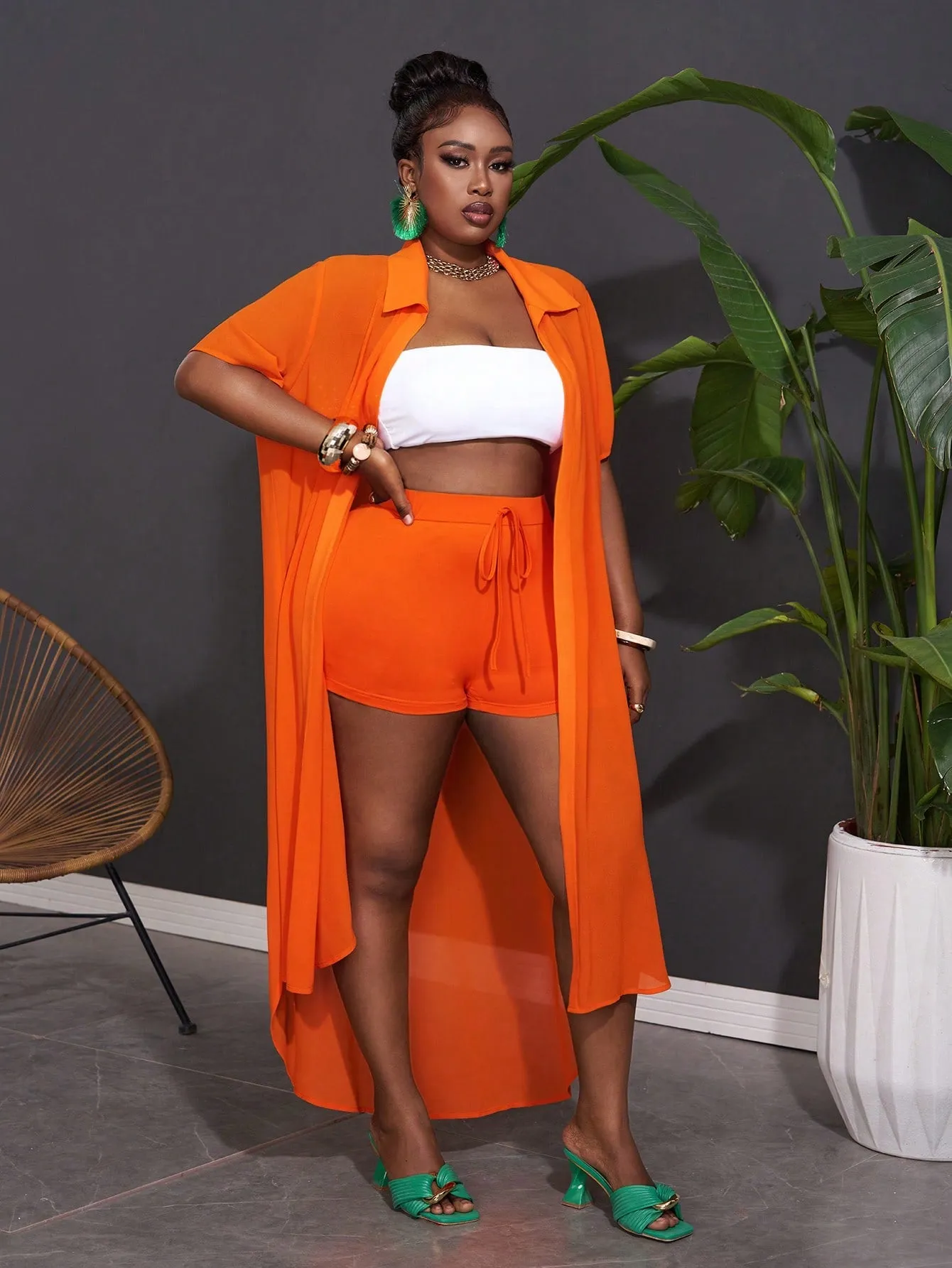 Women Plus Size Casual Loose Orange Chiffon Shirt And Shorts Set