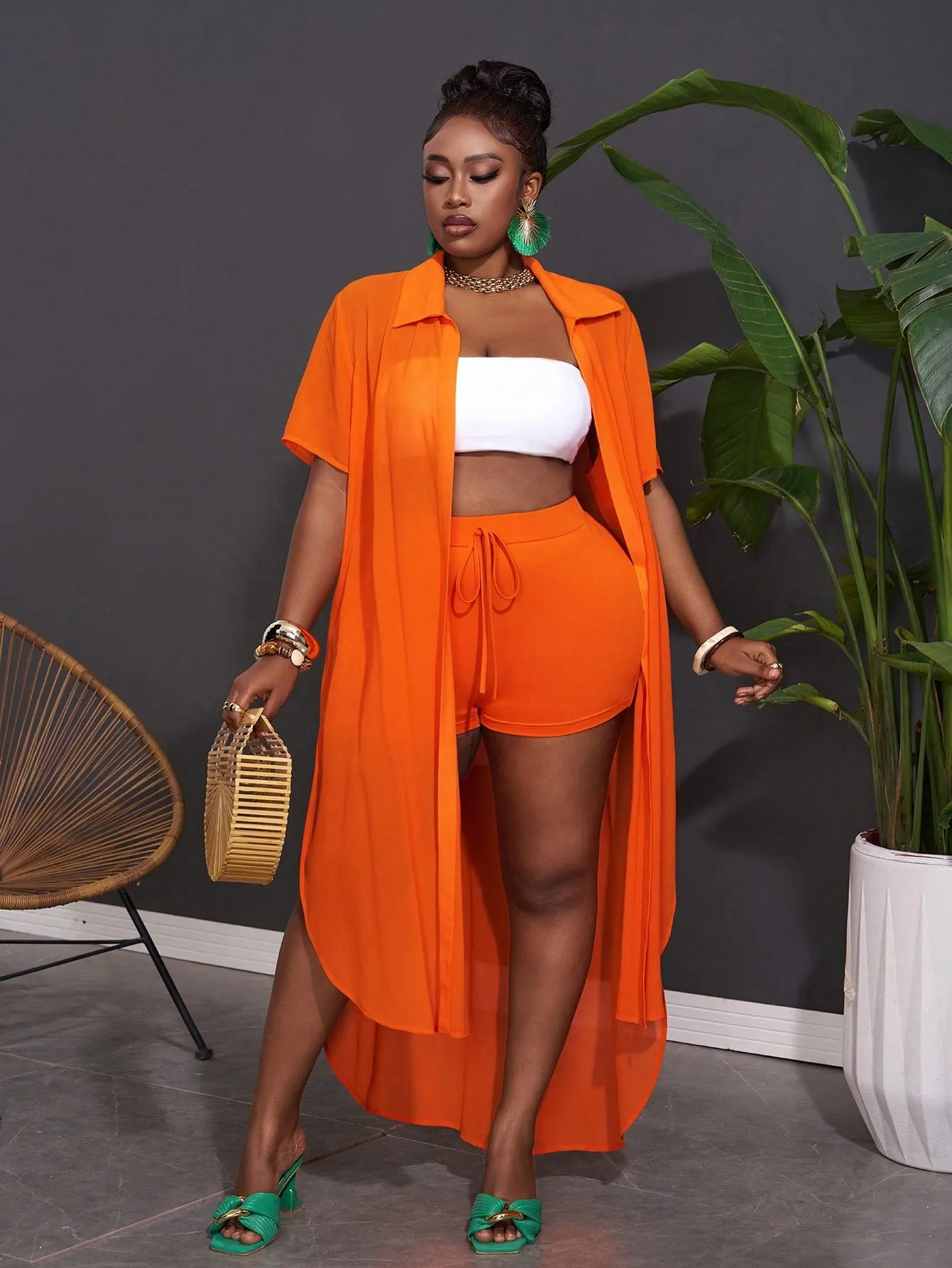 Women Plus Size Casual Loose Orange Chiffon Shirt And Shorts Set