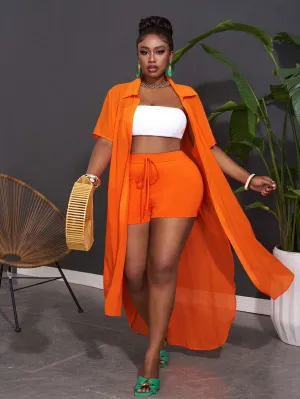 Women Plus Size Casual Loose Orange Chiffon Shirt And Shorts Set