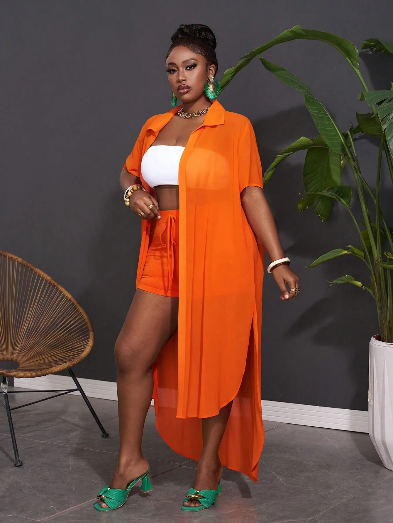 Women Plus Size Casual Loose Orange Chiffon Shirt And Shorts Set