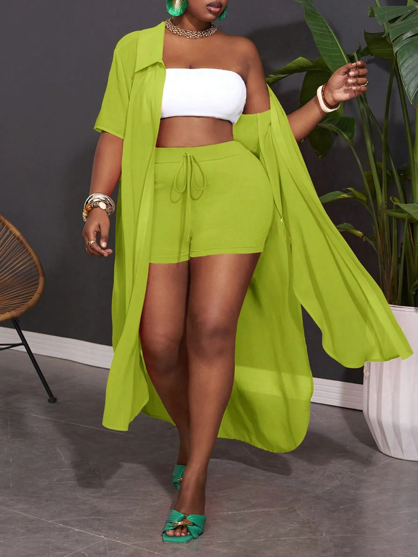 Women Plus Size Casual Loose Orange Chiffon Shirt And Shorts Set
