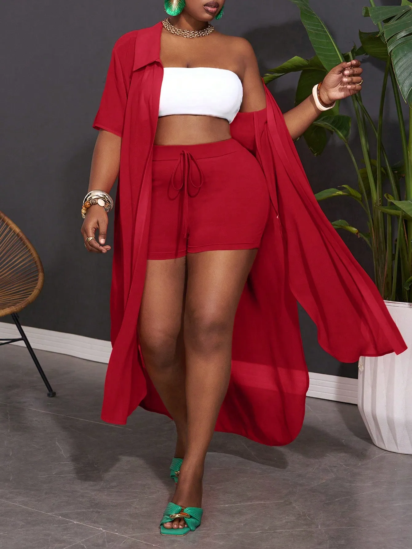 Women Plus Size Casual Loose Orange Chiffon Shirt And Shorts Set