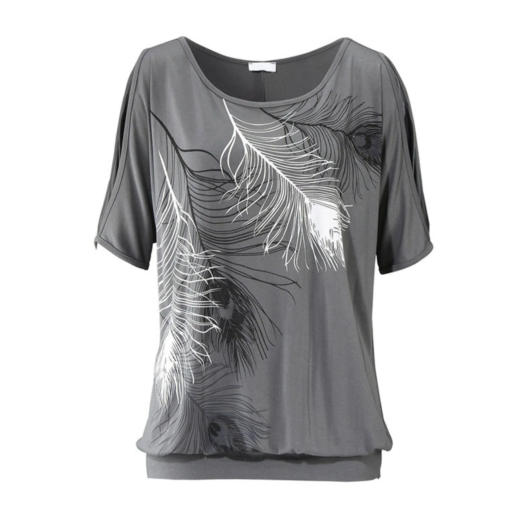 Womens Cold Shoulder Top with Feather Print